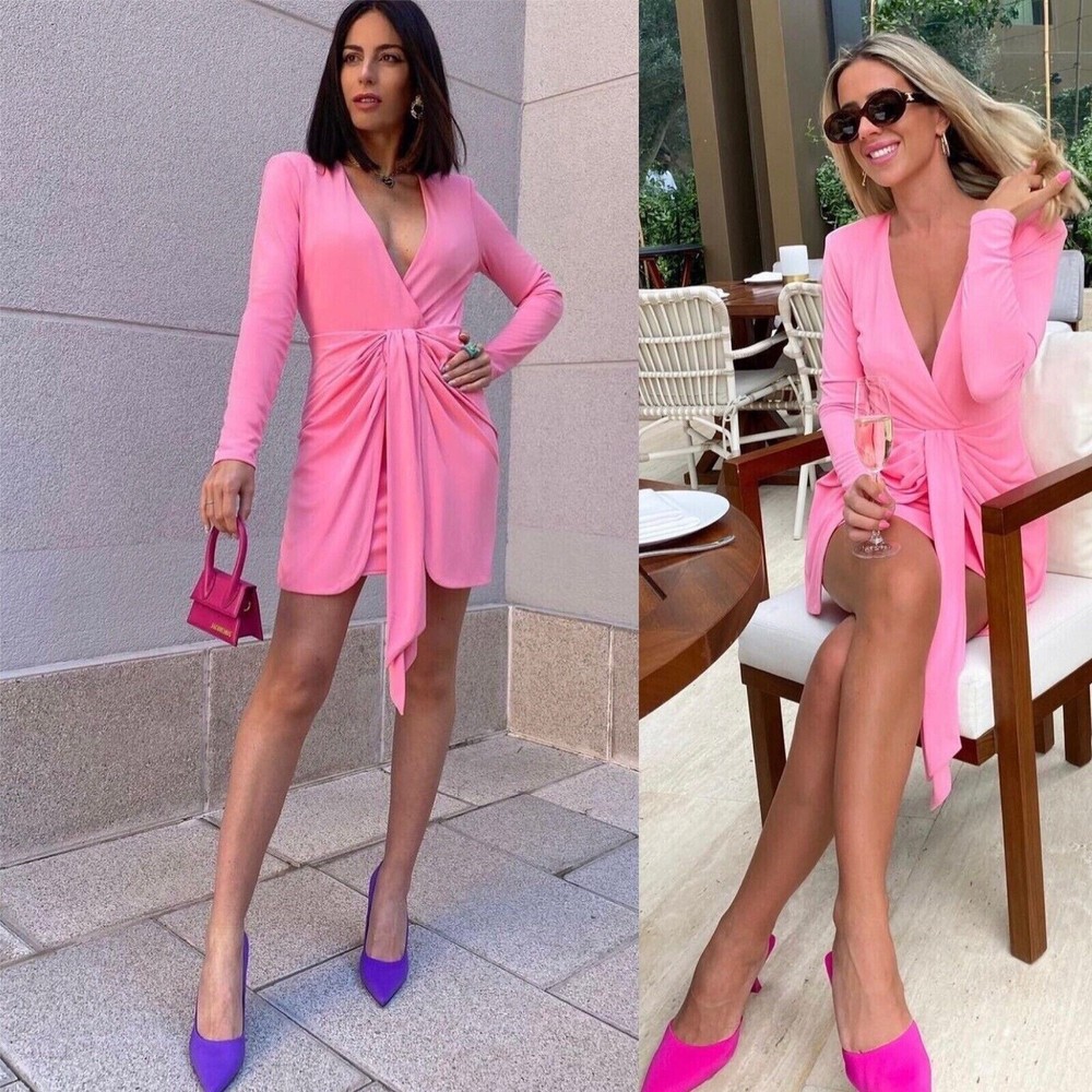 ZARA WOMENS PINK MINI DRAPED KNOTTED V-NECK DRESS REF.2780/636 SS22 NWT S